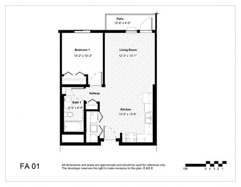 Floor plan for 1 bed, 1 bath, 652 sqft